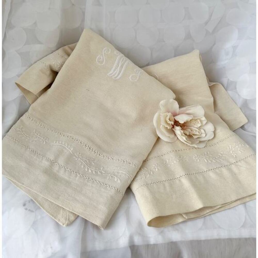 Vintage Pottery Barn Linen Cotton Pillow Shams Ecru Beige embroidered monogram